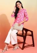 Women Pink Block Print Short Kurti with Mandarin Collar