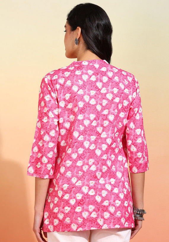 Women Pink Block Print Short Kurti with Mandarin Collar