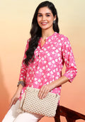 Women Pink Block Print Short Kurti with Mandarin Collar