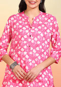 Women Pink Block Print Short Kurti with Mandarin Collar