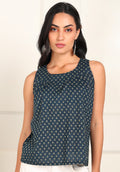 Women Sleeveless Block Printed Cotton Top in Blue Colour