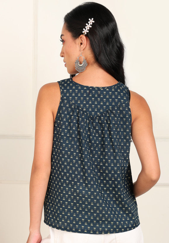 Women Sleeveless Block Printed Cotton Top in Blue Colour