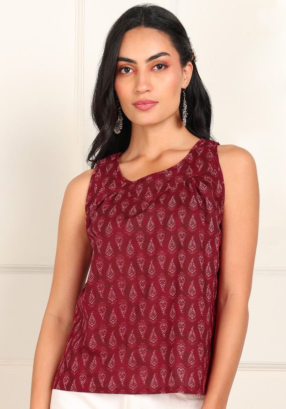 Women Sleeveless Block Printed Cotton Top In Maroon Colour