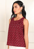 Women Sleeveless Block Printed Cotton Top In Maroon Colour