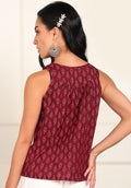 Women Sleeveless Block Printed Cotton Top In Maroon Colour