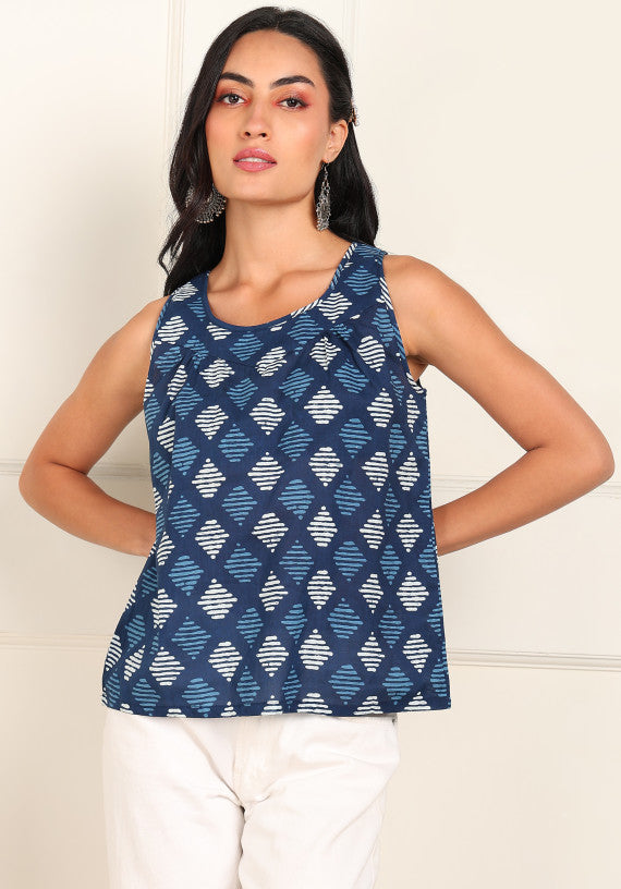 Women Sleeveless Block Printed Cotton Top in Indigo Colour