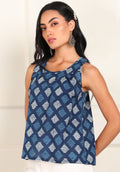 Women Sleeveless Block Printed Cotton Top in Indigo Colour