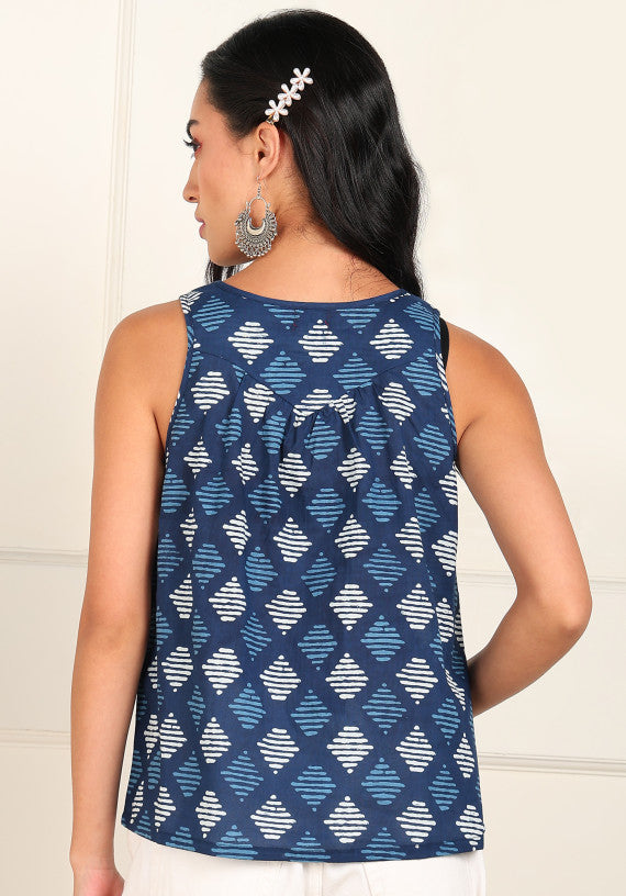 Women Sleeveless Block Printed Cotton Top in Indigo Colour