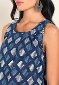 Women Sleeveless Block Printed Cotton Top in Indigo Colour