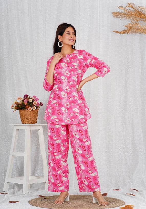 Women Cotton Pink Block Print Co-ords Set