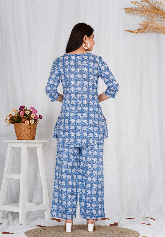 Women Comfortable Cotton Light Blue Block Print Co-ords Set