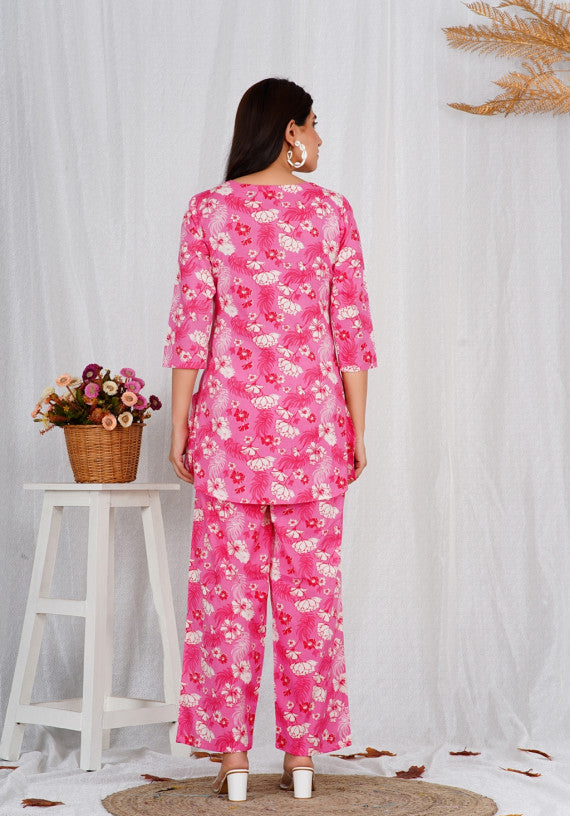 Women Cotton Pink Block Print Co-ords Set