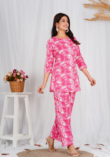 Women Cotton Pink Block Print Co-ords Set