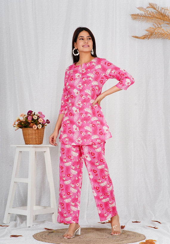 Women Cotton Pink Block Print Co-ords Set