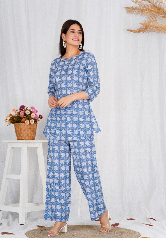 Women Comfortable Cotton Light Blue Block Print Co-ords Set