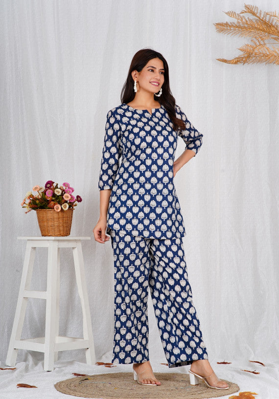 Women Comfortable Cotton Indigo Block Print Co-ords Set