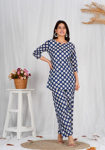 Women Comfortable Cotton Indigo Block Print Co-ords Set