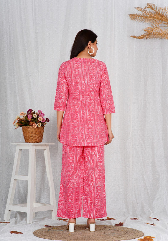 Women Elegant Cotton Pink Block Print Co-ords Set