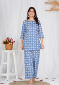 Women Comfortable Cotton Light Blue Block Print Co-ords Set