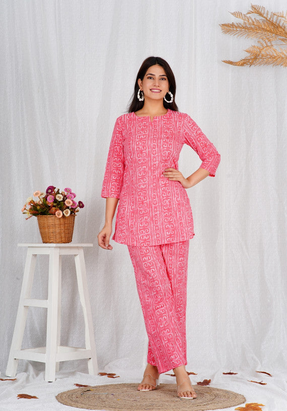 Women Elegant Cotton Pink Block Print Co-ords Set