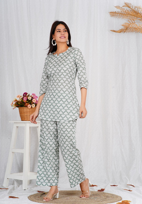 Women Comfortable Cotton Light Green Block Print Co-ords Set