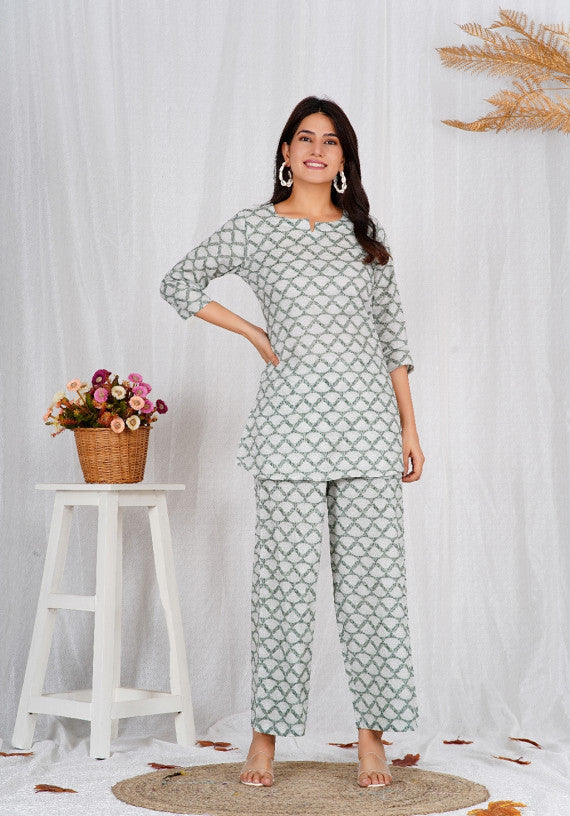 Women Comfortable Cotton Light Green Block Print Co-ords Set