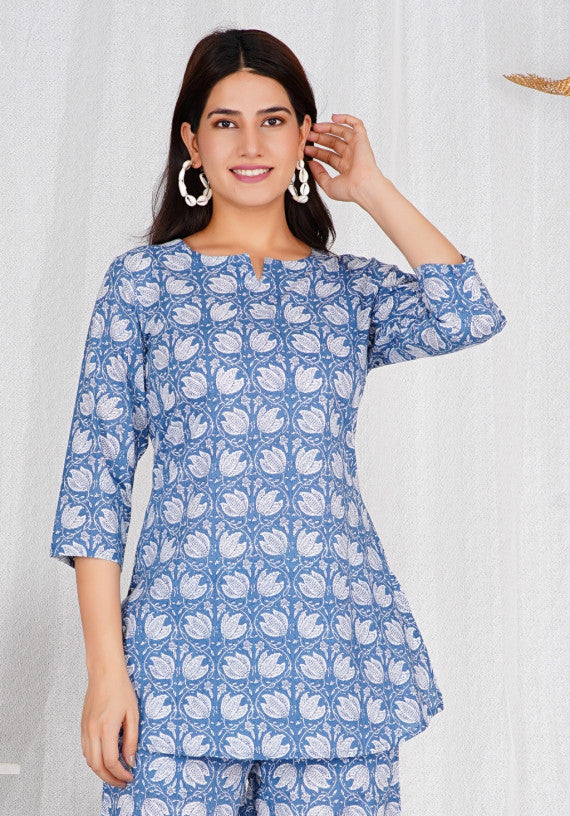 Women Comfortable Cotton Light Blue Block Print Co-ords Set