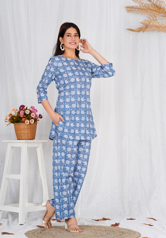 Women Comfortable Cotton Light Blue Block Print Co-ords Set