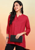 Women Red Solid Short Kurti with Mandarin Collar