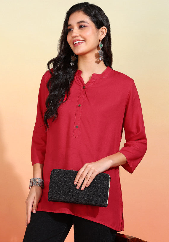 Women Red Solid Short Kurti with Mandarin Collar