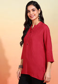 Women Red Solid Short Kurti with Mandarin Collar