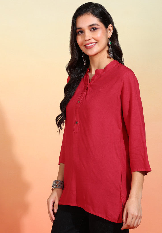 Women Red Solid Short Kurti with Mandarin Collar