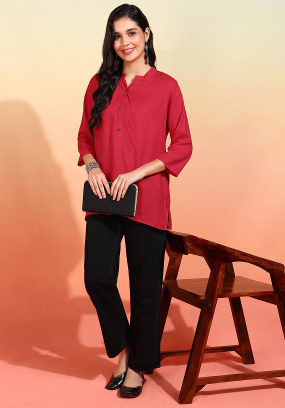 Women Red Solid Short Kurti with Mandarin Collar