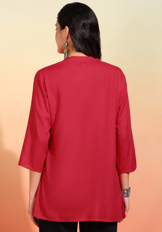 Women Red Solid Short Kurti with Mandarin Collar