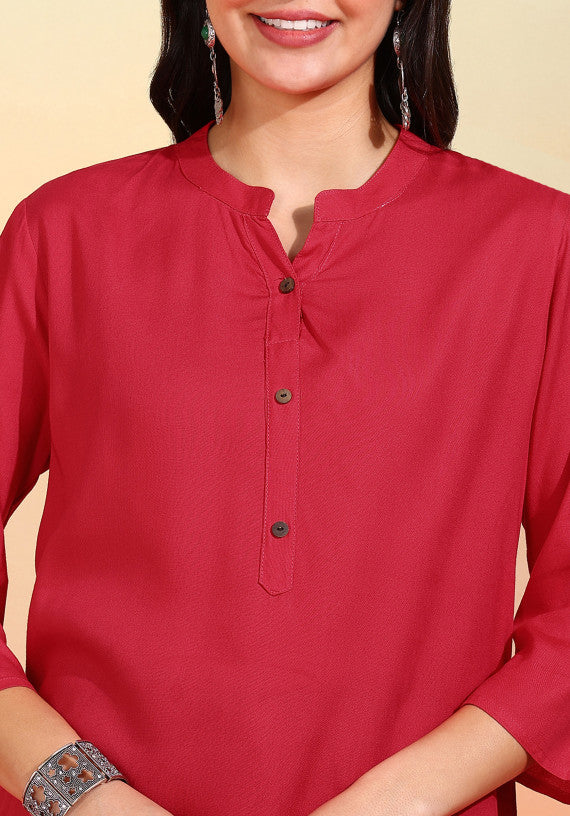 Women Red Solid Short Kurti with Mandarin Collar