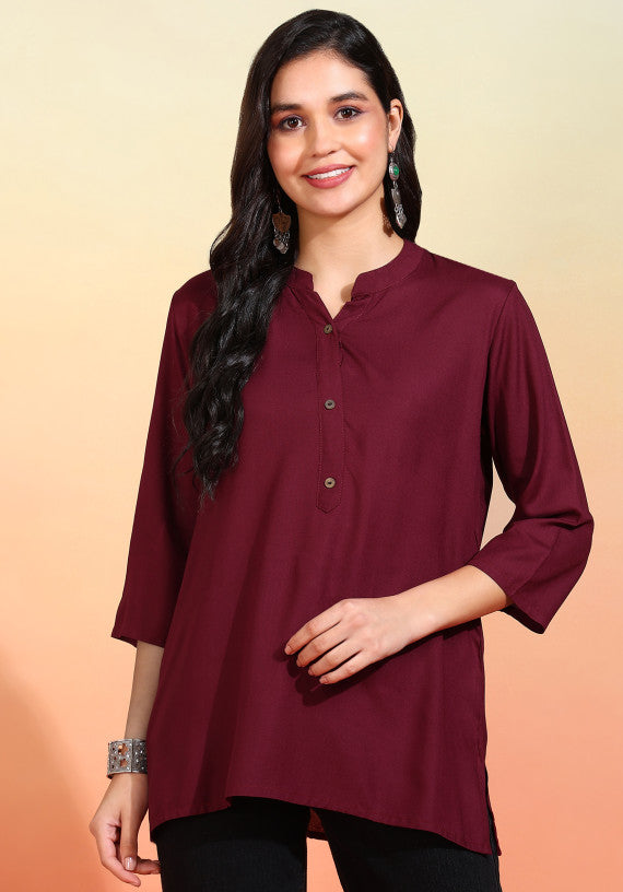 Women Wine Solid Short Kurti with Mandarin Collar