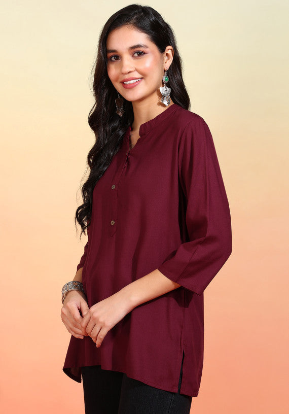 Women Wine Solid Short Kurti with Mandarin Collar