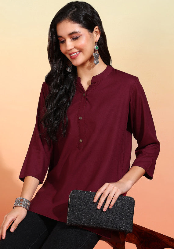 Women Wine Solid Short Kurti with Mandarin Collar