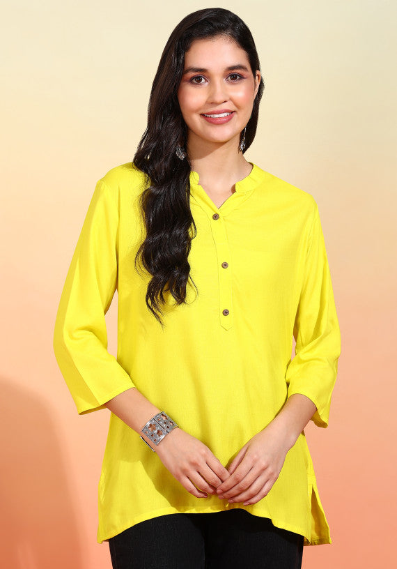 Women Yellow Solid Short Kurti with Mandarin Collar