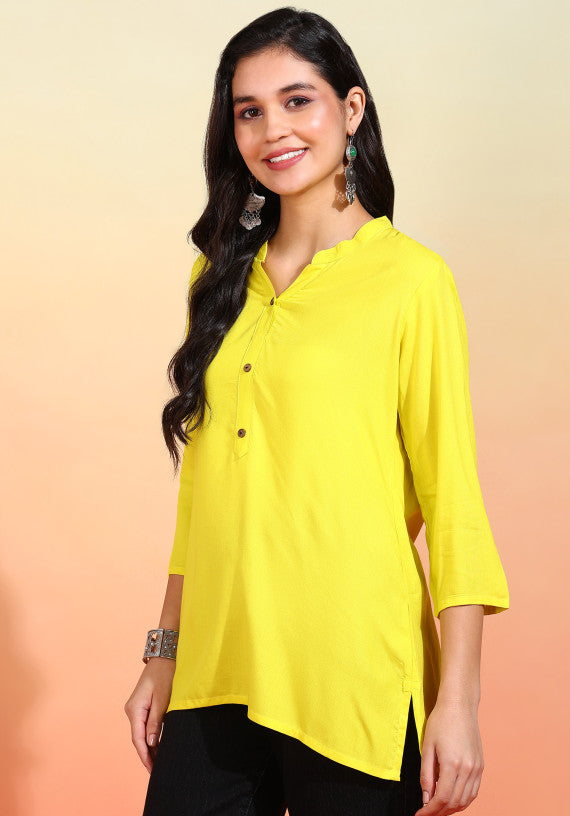 Women Yellow Solid Short Kurti with Mandarin Collar