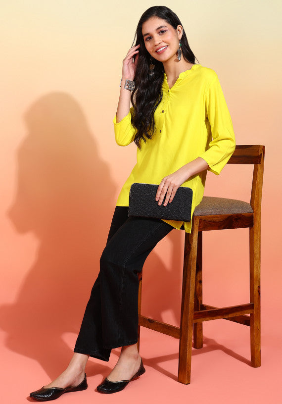 Women Yellow Solid Short Kurti with Mandarin Collar