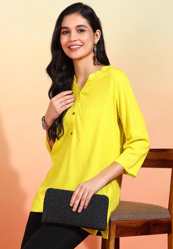 Women Yellow Solid Short Kurti with Mandarin Collar